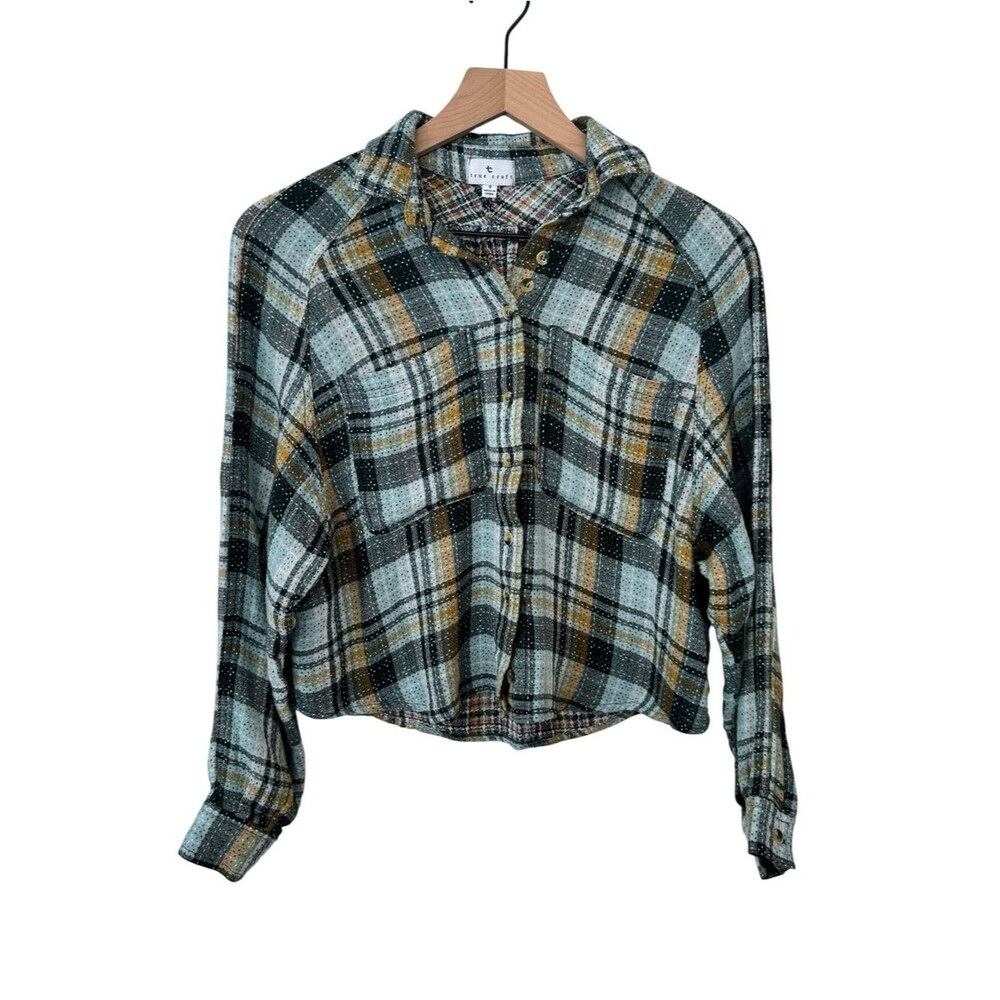 True Craft Cropped Teal, Mustard and Black Plaid Button Shirt - Size Small